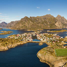 Henningsvaer fishing village on Lofoten islands from above by Miroslav Liska