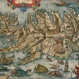 Antique Maps - Old Cartographic maps - Antique Map of Iceland - Monsters Of Islandia by Studio Grafiikka