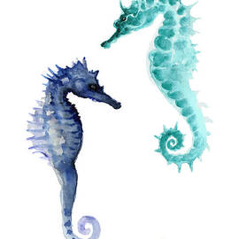Blue seahorses watercolor painting by Joanna Szmerdt