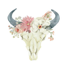 Boho Bull Skull Watercolor Floral Anemone Tribal Decor by Pink Forest Cafe