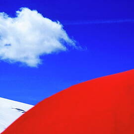 Bright red parasol contrasted against a white glacier by Sami Sarkis Photography