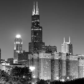 Chicago Night Skyline in Black and White by Paul Velgos