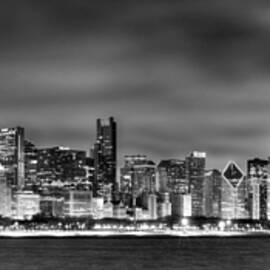 Chicago Skyline at NIGHT black and white by Jon Holiday