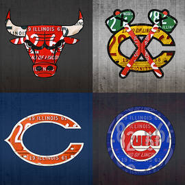 Chicago Sports Fan Recycled Vintage Illinois License Plate Art Bulls Blackhawks Bears and Cubs by Design Turnpike