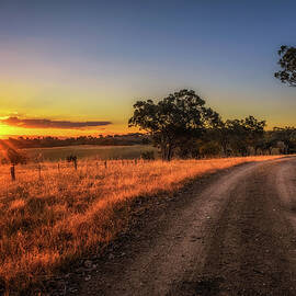 Countryside landscape with rural dirt road at sunset in Australia by Miroslav Liska