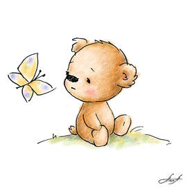 Drawing of cute teddy bear with butterfly by Anna Abramskaya