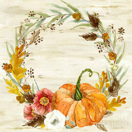 Fall Autumn Harvest Wreath on Birch Bark Watercolor by Audrey Jeanne Roberts
