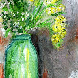 Flowers In A Green Jar- Art by Linda Woods by Linda Woods