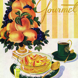 Gourmet Cover Featuring A Centerpiece Of Peaches by Henry Stahlhut