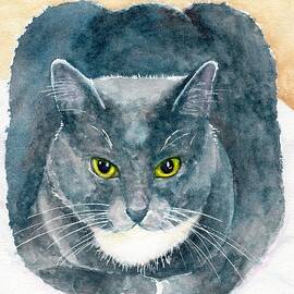 Gray and White Cat with Green Eyes by Carlin Blahnik CarlinArtWatercolor