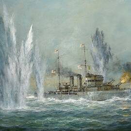 HMS Exeter engaging in the Graf Spree at the Battle of the River Plate by Richard Willis