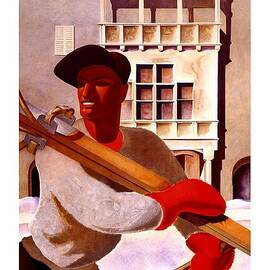 Man in winter clothes carrying skis - Innsbruck Austria - Vintage Travel Poster by Studio Grafiikka