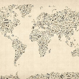 Music Notes Map of the World Map by Michael Tompsett
