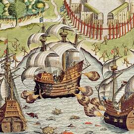 Naval Battle between the Portuguese and French in the Seas off the Potiguaran Territories by Theodore de Bry