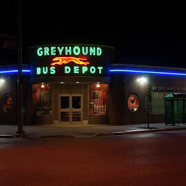 Neon Greyhound bus depot sign by Flees Photos