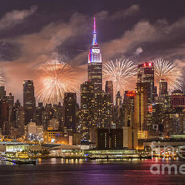 New York City Skyline and Fireworks IV by Clarence Holmes