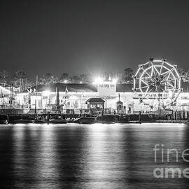 Newport Balboa Fun Zone at Night Black and White Photo by Paul Velgos