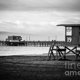 Newport Pier and Lifeguard Tower in Black and White by Paul Velgos