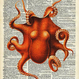 Octopus vintage illustration on a book page by Anna W