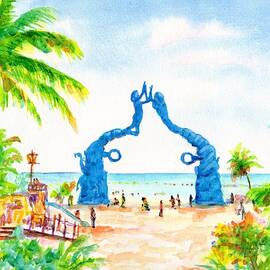 Playa del Carmen Portal Maya Statue by Carlin Blahnik CarlinArtWatercolor