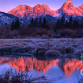 Red Morning Teton Peaks Panorama by Adam Jewell