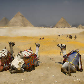 Scenic view of the Giza Pyramids with sitting camels by David Smith