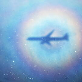 Shadow of an aeroplane surrounded by a rainbow halo by Sami Sarkis Photography