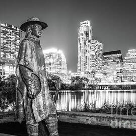 SRV Statue and Austin Skyline in Black and White by Paul Velgos
