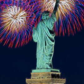 Statue Of Liberty Fireworks by Susan Candelario