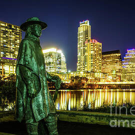 Stevie Ray Vaughan Statue with Austin TX Skyline by Paul Velgos