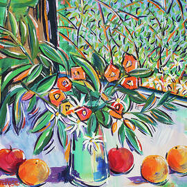Still Life With Summer Flowers, Apples And Oranges by Seeables Visual Arts