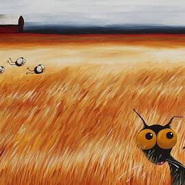 Stressie Cat and crows in the hay fields by Lucia Stewart