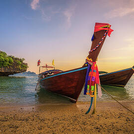 Thai longtail boats parked at the Koh Hong island in Thailand by Miroslav Liska