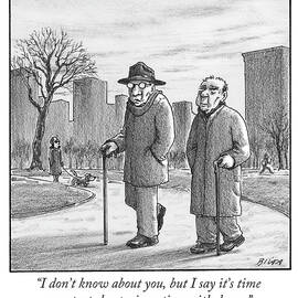 Two older men walk with canes through a park. by Harry Bliss