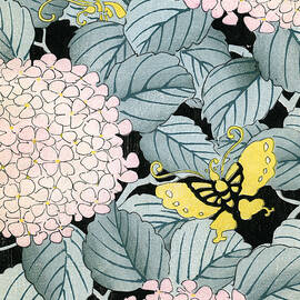 Vintage Japanese illustration of a hydrangea blossoms and butterflies by Japanese School