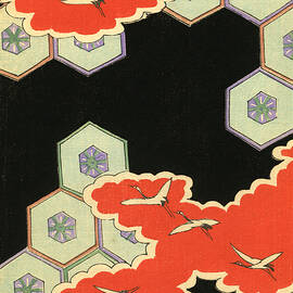 Vintage Japanese illustration of red clouds and flying cranes in an abstract landscape by Japanese School