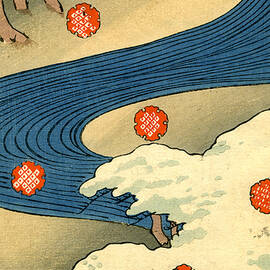 Vintage Japaneses illustration of falling snowflakes in an abstract winter landscape by Japanese School