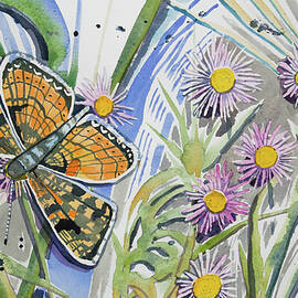 Watercolor - Checkerspot Butterfly with Wildflowers by Cascade Colors