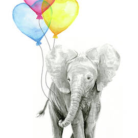 Watercolor Elephant with Heart Shaped Balloons by Olga Shvartsur