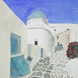 Watercolor - Paros Church and Street Scene by Cascade Colors