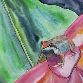 Watercolor - Small Tree Frog on a Colorful Flower by Cascade Colors