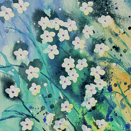 Watercolor - Small White Flowers with Aqua Blue Background by Cascade Colors