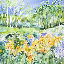 Watercolor - Sunflower, Lupine, and Aspen Landscape by Cascade Colors