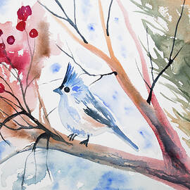 Watercolor - Tufted Titmouse with Winter Berries by Cascade Colors
