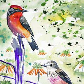 Watercolor - Vermilion Flycatcher Pair in Quito by Cascade Colors