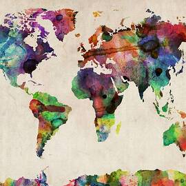 World Map Watercolor 16 x 20 by Michael Tompsett