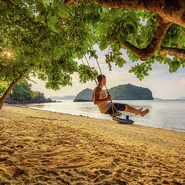 Young boy plays on a swing at sunset by Miroslav Liska