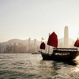 China, Hong Kong, Traditional Chinese Junk In Hong Kong Harbour by Ben Pipe