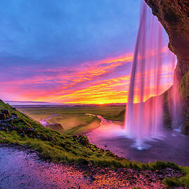 Iceland, South Iceland, Suwurland, Sunset From The Footpath Behind Seljalandsfoss Waterfall by Sebastian Wasek