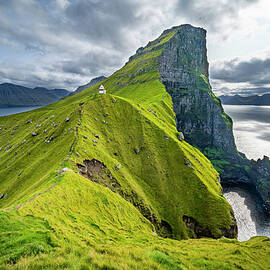 Lighthouse Kallur At The Northern Tip Of The Island Kalsoy, Faroe Islands by Franz Sußbauer